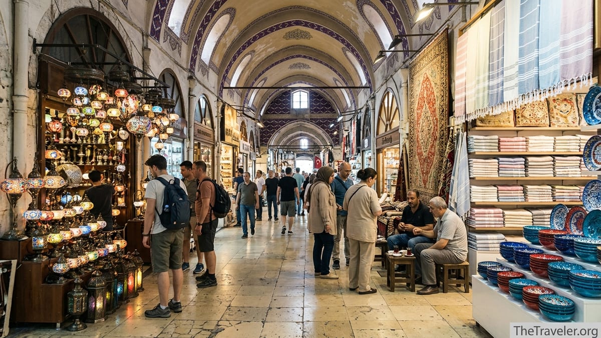 Bustling interior of Istanbul’s Grand Bazaar with colorful lamps, carpets, and shoppers under vaulted ceilings.
