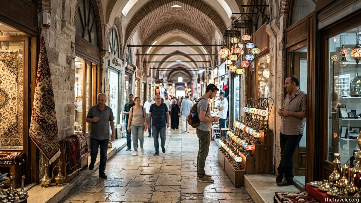 Traveler browsing colorful lamp shops under the vaulted stone ceilings of Istanbul’s Grand Bazaar.
