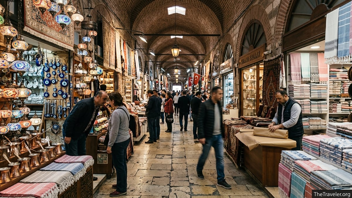 Interior of Istanbul Grand Bazaar with shoppers browsing colorful lamps, rugs, and textiles under arched ceilings.