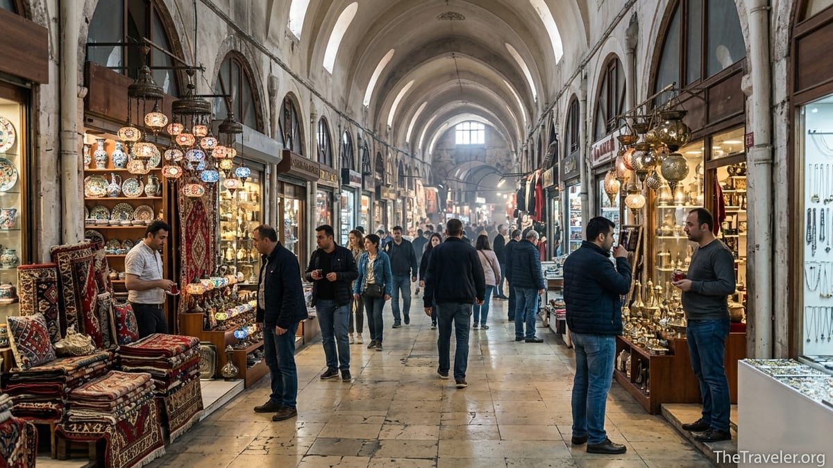 Shoppers walking through Istanbul’s Grand Bazaar past lamp, carpet and jewelry stalls under vaulted ceilings.