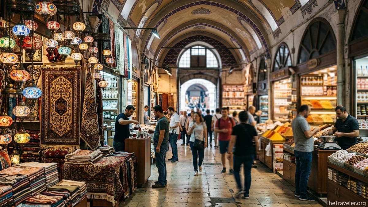 Shoppers walk through Istanbul’s Grand Bazaar with lamps, carpets and spice stalls in view.