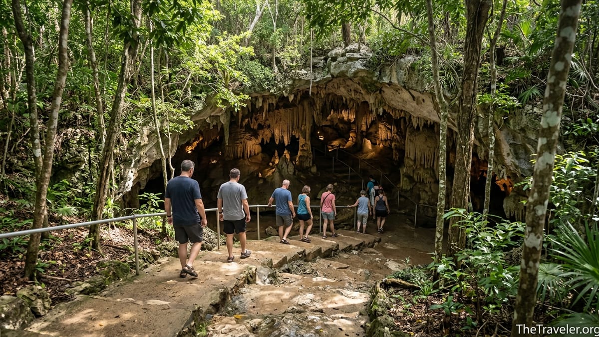 Guided group walking carefully down uneven steps into Grand Cayman Crystal Caves.