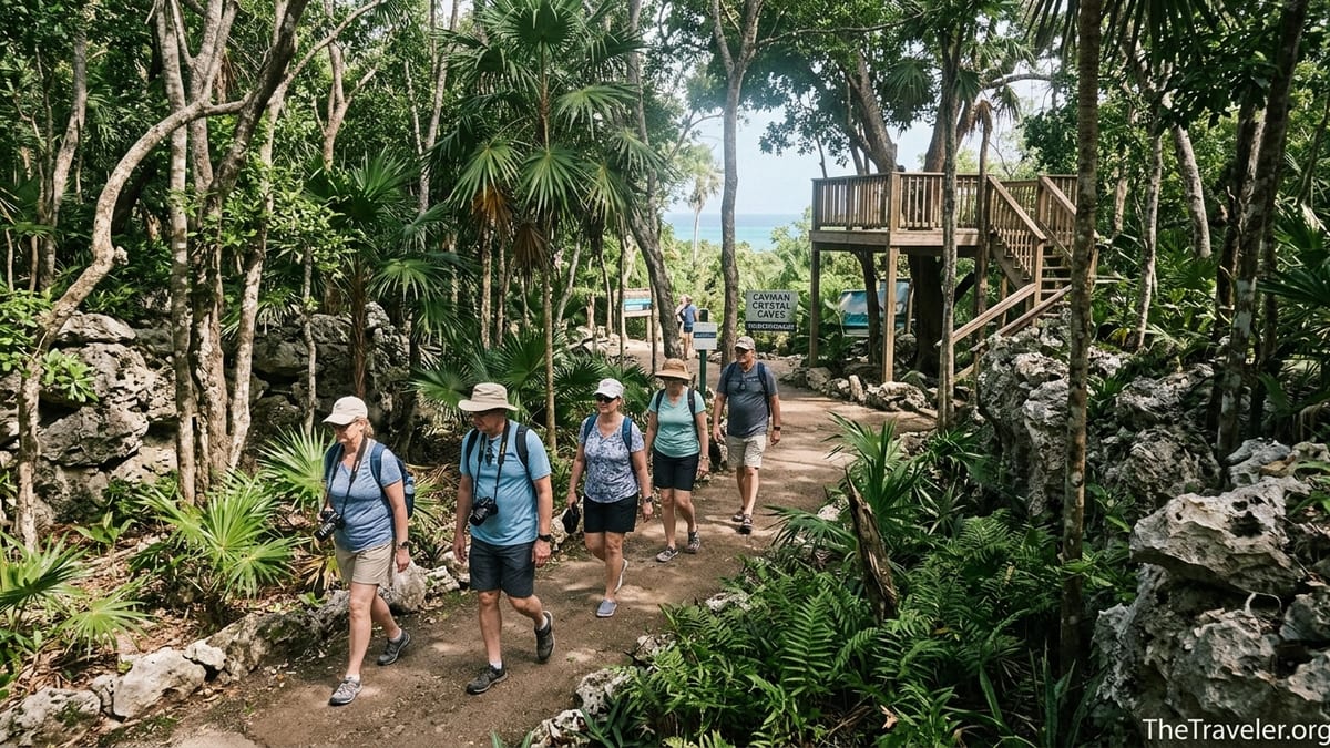Cruise passengers walking a forest trail toward Cayman Crystal Caves entrance on Grand Cayman.