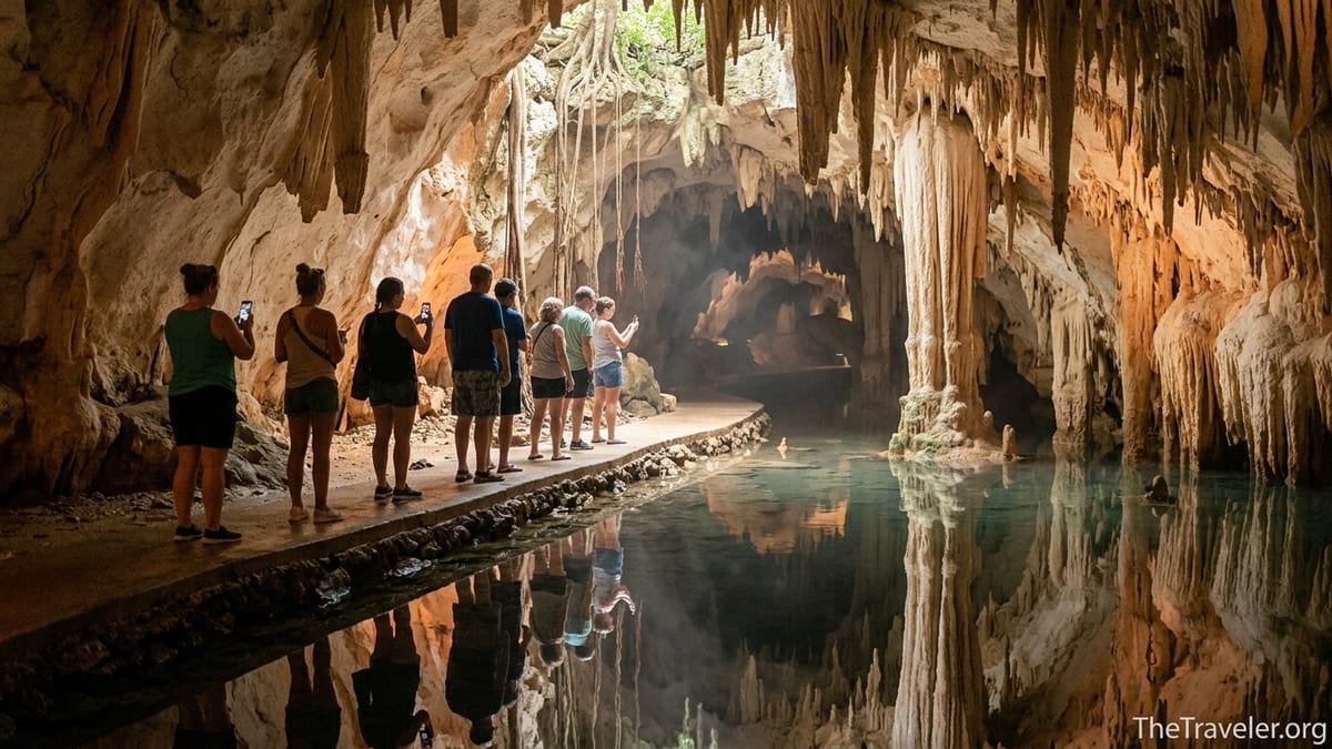 Visitors on a guided tour walk beside a reflective underground pool in Grand Cayman’s Crystal Caves.