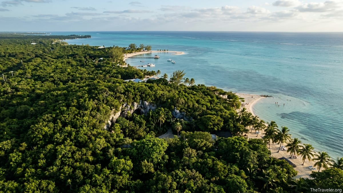 Aerial view of Grand Cayman North Side with Crystal Caves forest and Rum Point beach on the North Sound.