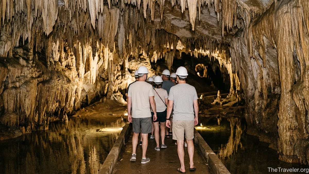 Guided group walking along a pathway beneath limestone formations in Grand Cayman Crystal Caves.