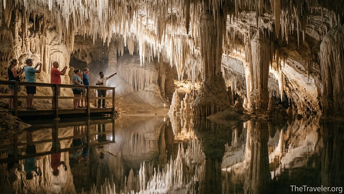Guided group viewing stalactites reflected in the underground lake at Cayman Crystal Caves.