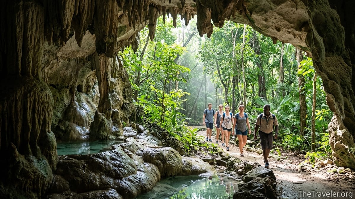 Visitors walking with a guide through Grand Cayman Crystal Caves toward a lush tropical forest path.