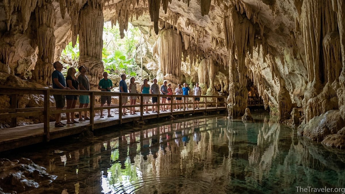 Tour group exploring the reflective lake cave at Cayman Crystal Caves in Grand Cayman.