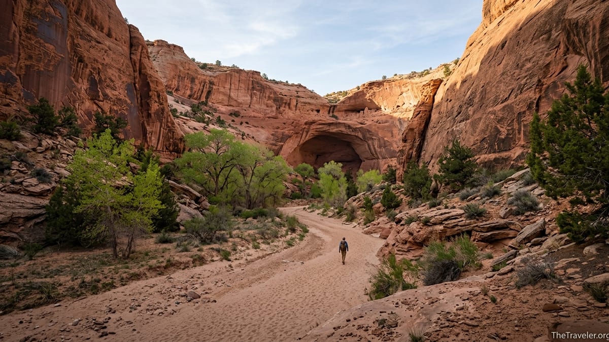 Backpacker walking along the sandy floor of Grand Gulch beneath tall sunlit sandstone walls in Bears Ears National Monument.