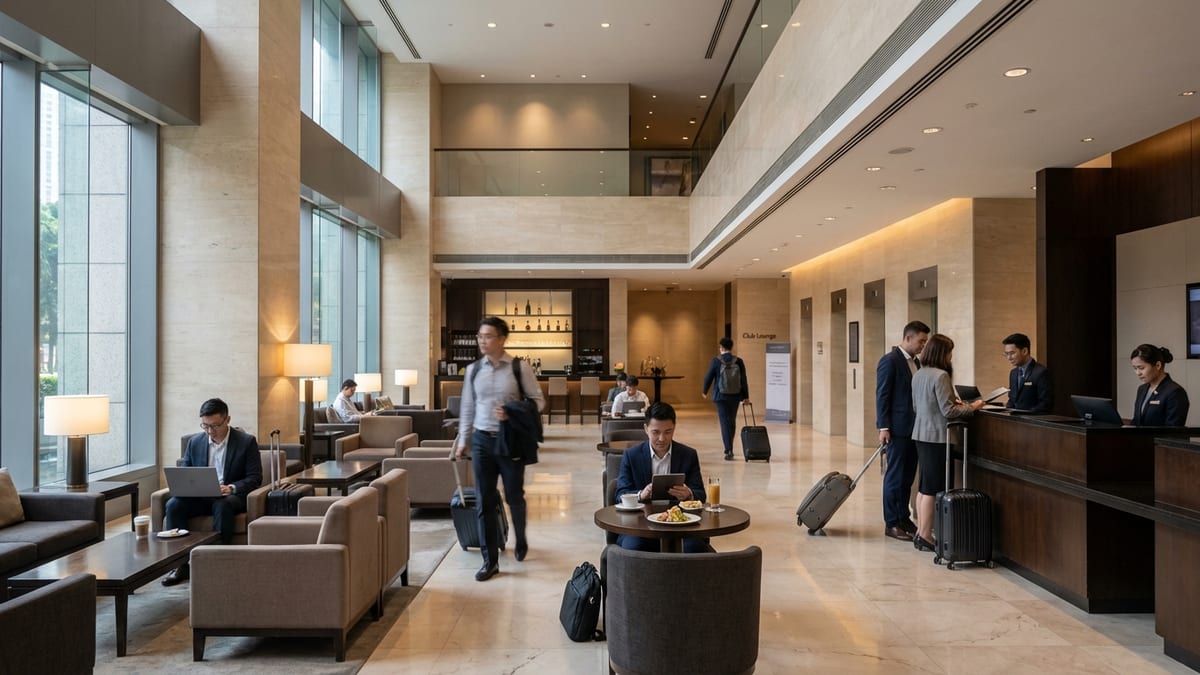 Late afternoon in a spacious, professional Grand Hyatt lobby with few guests.