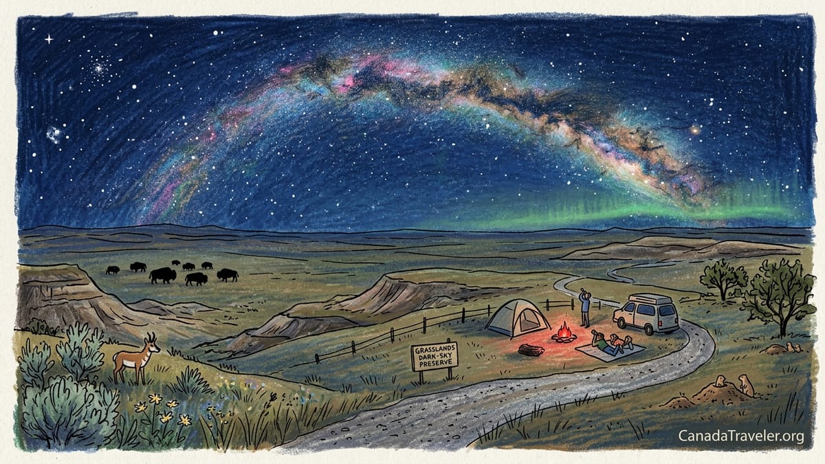 Milky Way over the dark prairie landscape of Grasslands National Park at night.