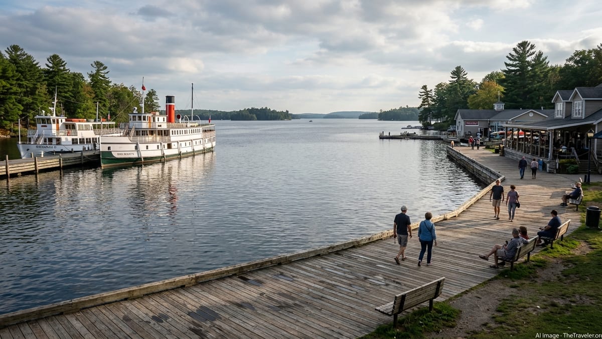 Muskoka Wharf boardwalk in Gravenhurst with steamships docked on a calm lake at late afternoon.