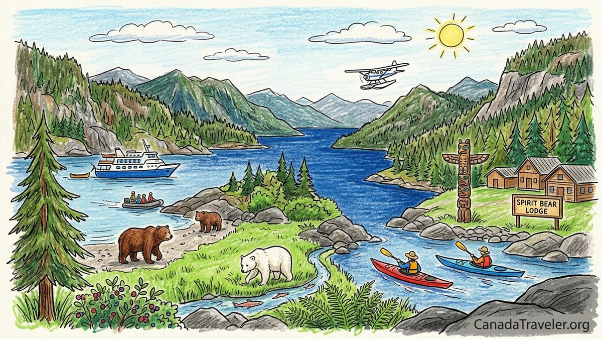 Small expedition boat and kayaks in a misty fjord of the Great Bear Rainforest with forested mountains and bears on shore.