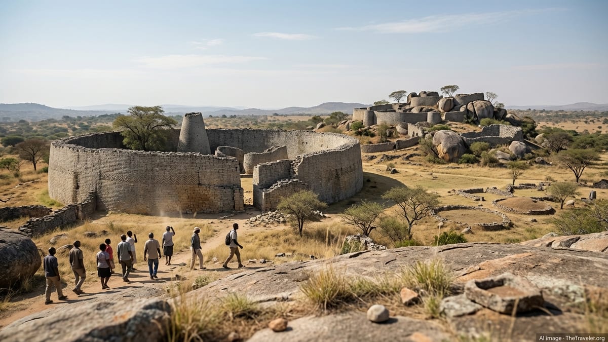 Mid-morning view of Great Zimbabwe ruins and visitors against highveld savanna backdrop.
