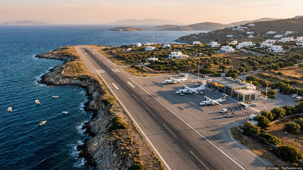 Aerial view of a small Greek island airport beside the Aegean Sea at sunset.