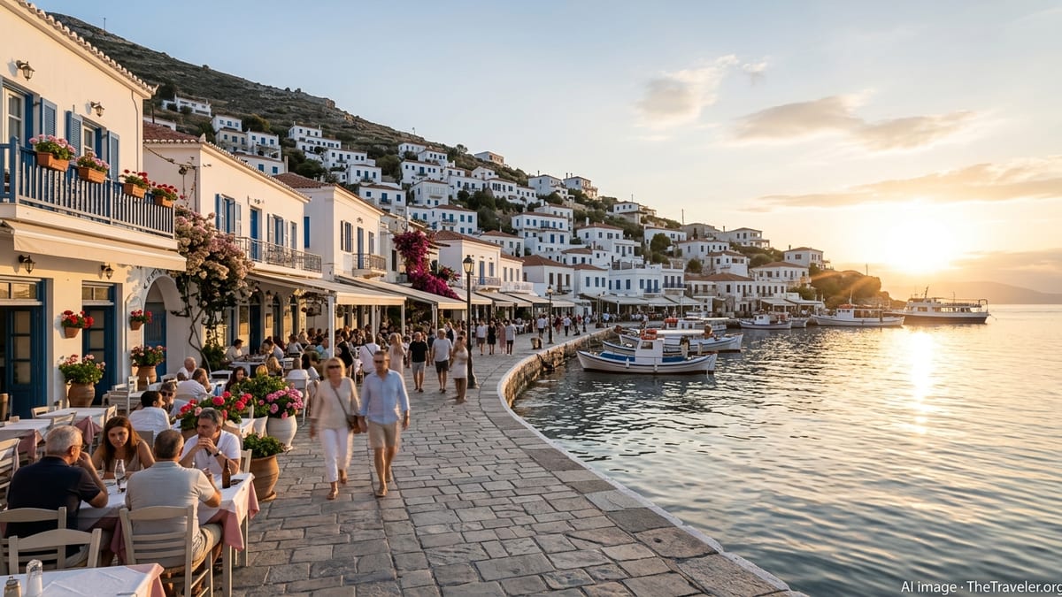 Early evening scene on a Greek island waterfront with cafés, walkers and calm sea in spring light.