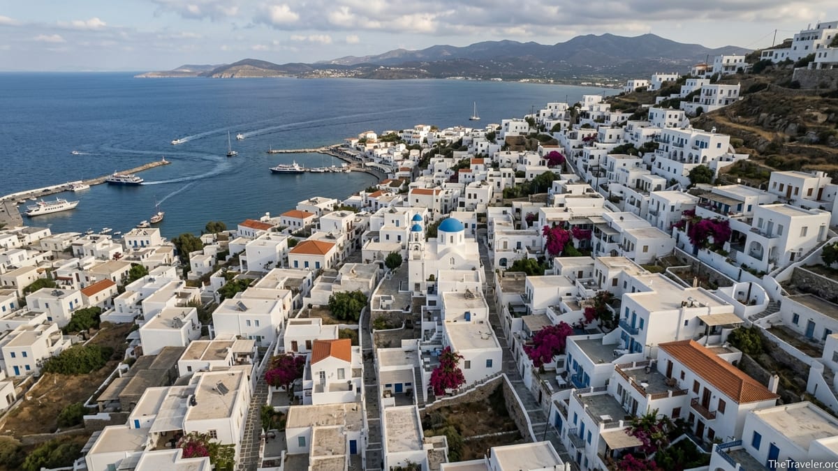 Aerial view of a whitewashed Greek island town descending to a blue harbor at sunset.