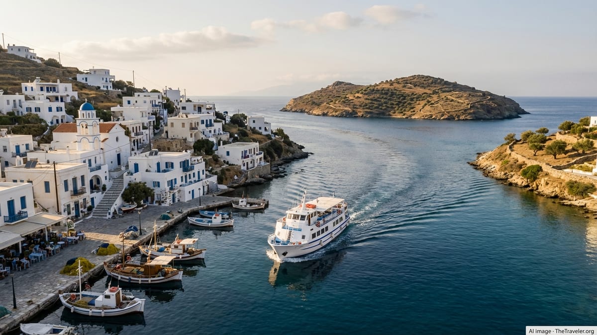 A ferry departs a whitewashed Greek island harbor at golden hour, heading toward nearby islands across a calm blue sea.
