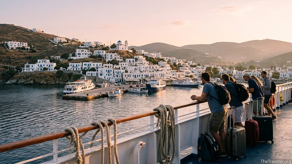 View from a Greek ferry arriving at a whitewashed Cycladic island harbor at sunrise.
