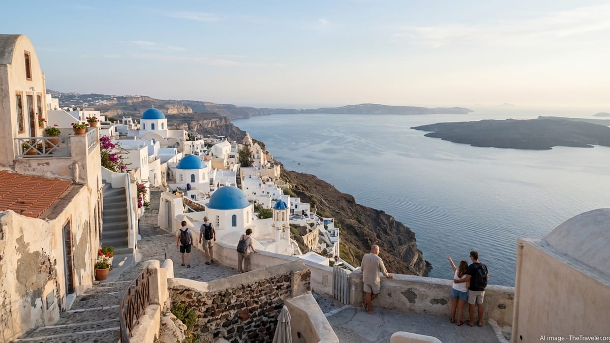 Cliffside whitewashed houses and blue domes overlooking Santorini’s caldera under soft afternoon light.