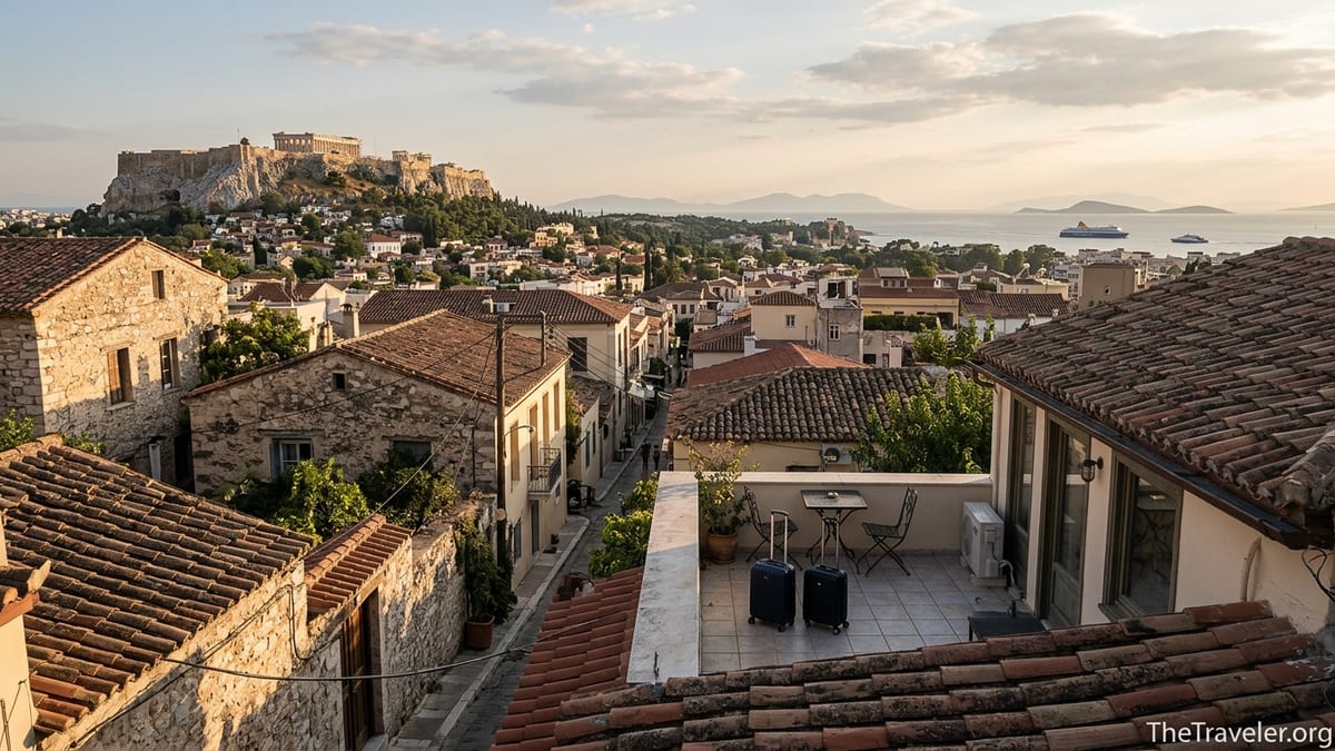View over Athens rooftops toward the Acropolis at sunset, hinting at onward island travel by sea.