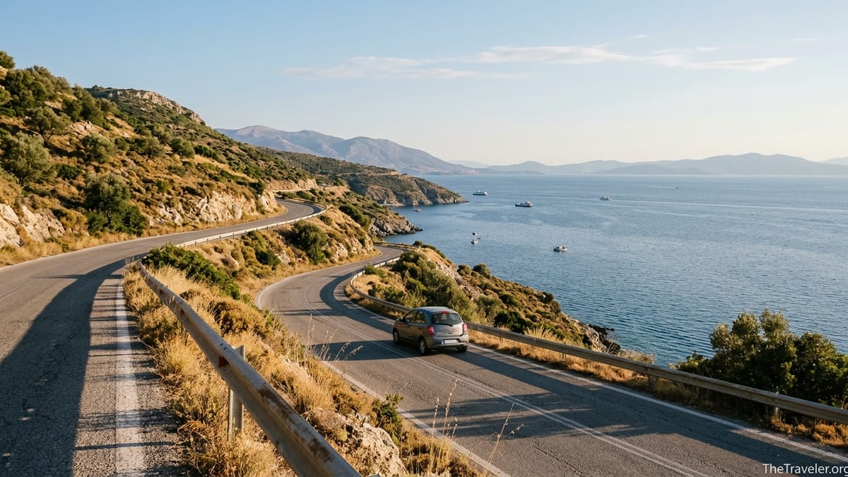 Coastal road in Greece with a small car driving along a hillside above the sea at golden hour.