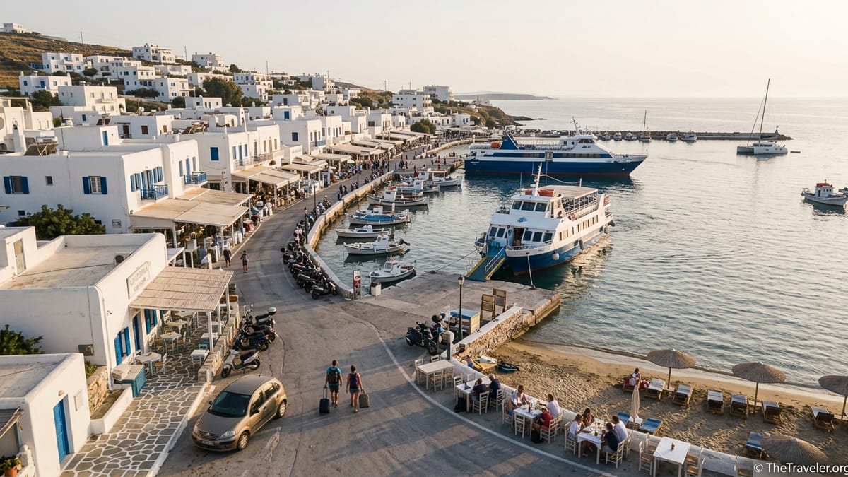 Greek island harbor with ferry, beach and whitewashed town at sunset
