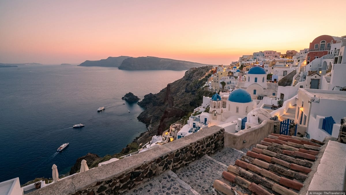 Dawn view over Santorini’s whitewashed cliffside houses and the Aegean caldera.