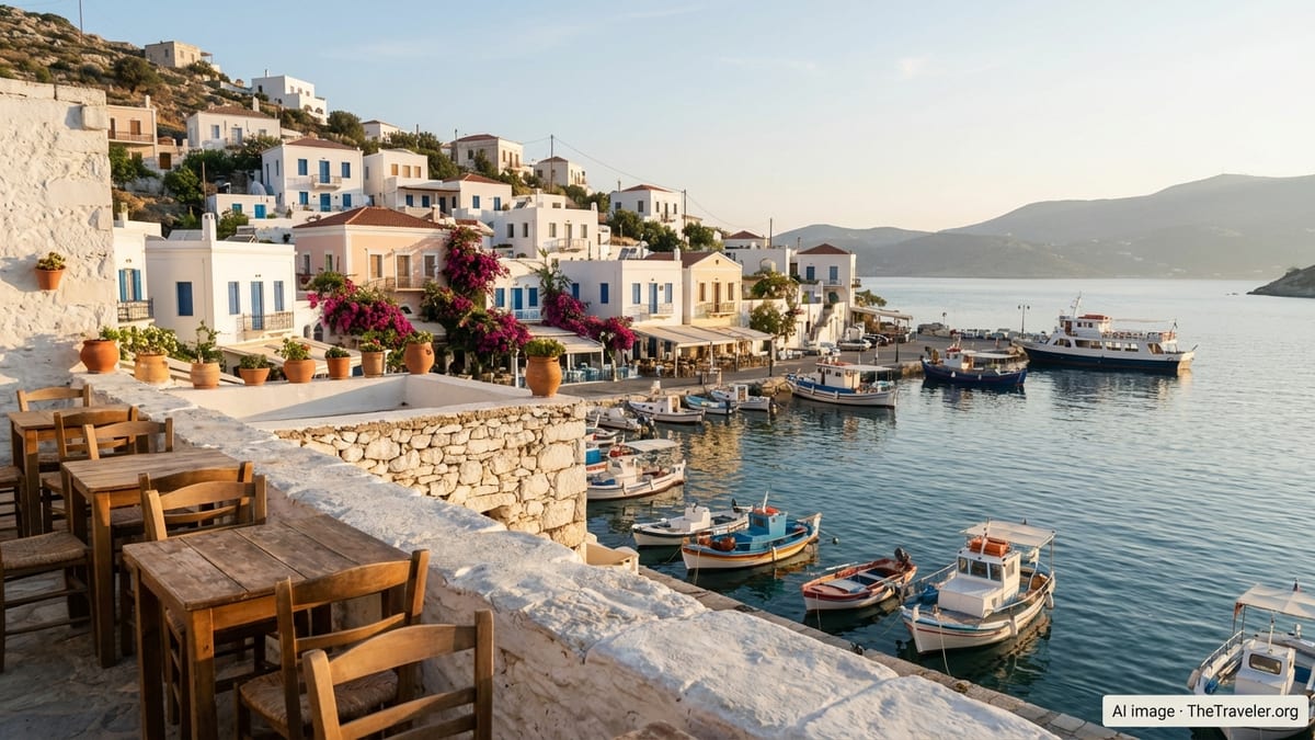 Greek island harbor at sunset with white houses on a hillside and boats in calm water.