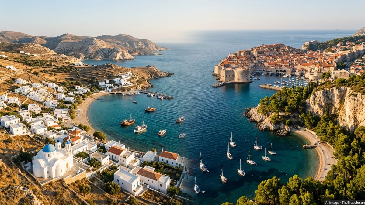 Aerial view comparing a Greek island village and a Croatian walled coastal town in summer light.