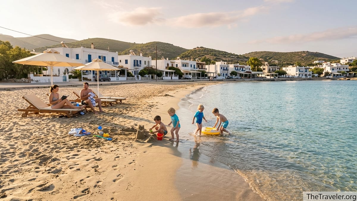 Family with young children playing on a shallow sandy Greek island beach at sunrise.