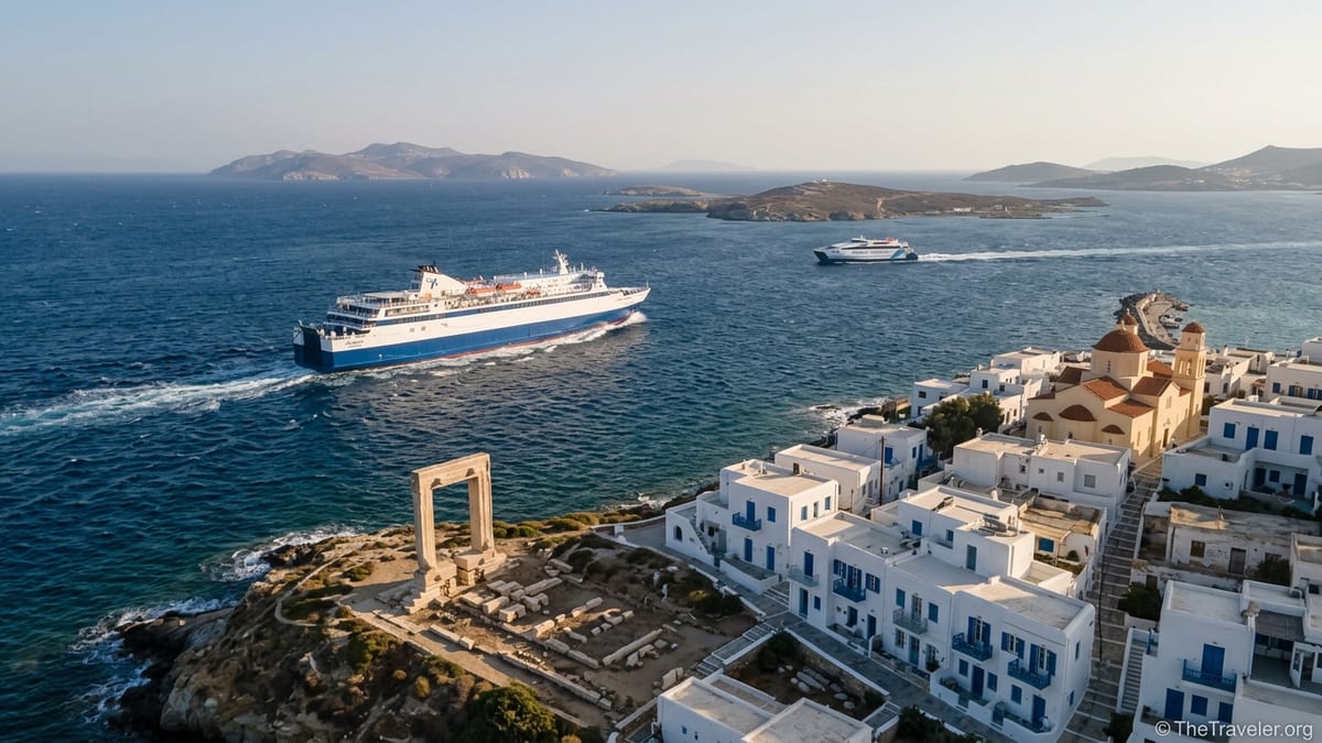 Aerial view of a Greek ferry leaving Naxos port with whitewashed town and blue Aegean Sea.