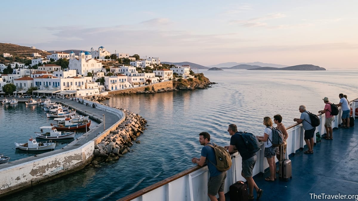 View from a Greek ferry arriving at a whitewashed island harbor at sunset.
