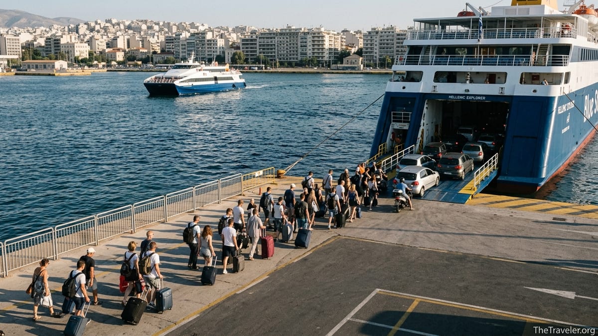 Travelers boarding ferries at the port of Piraeus with ships and Athens skyline in view.