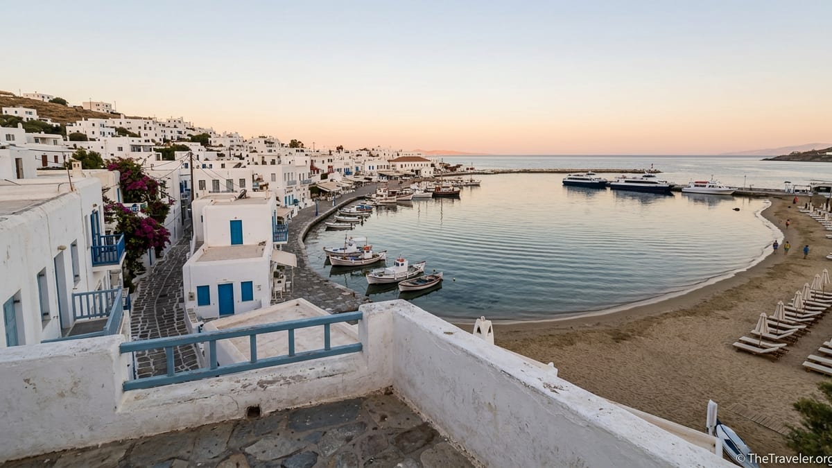 Sunrise over a Cycladic harbor with whitewashed houses, boats, and a sandy beach on a Greek island.