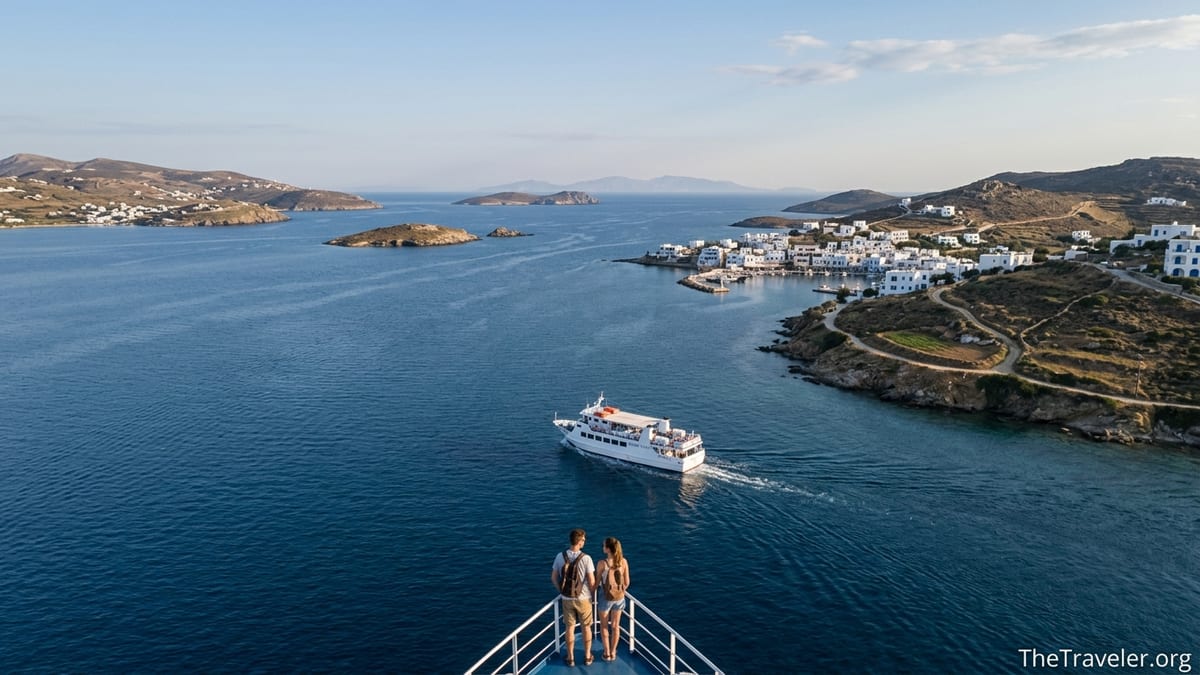A ferry crossing the Aegean Sea between white Cycladic island villages at sunset.