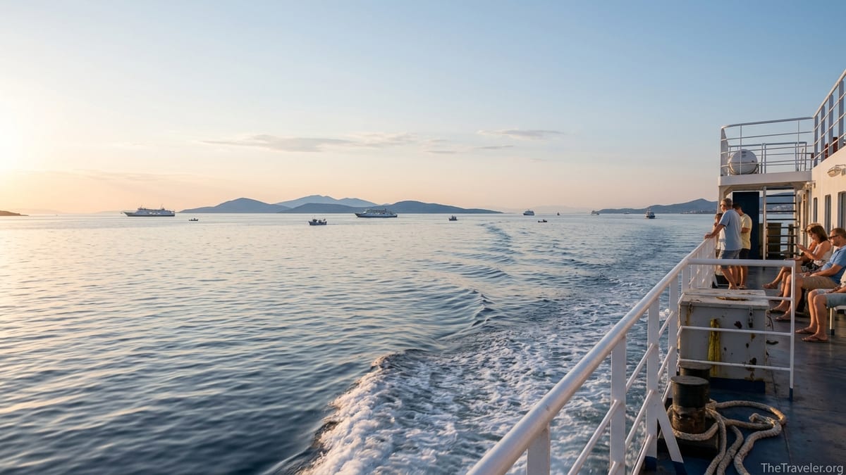 View from a ferry leaving Piraeus toward low blue Greek islands under a golden afternoon sky.