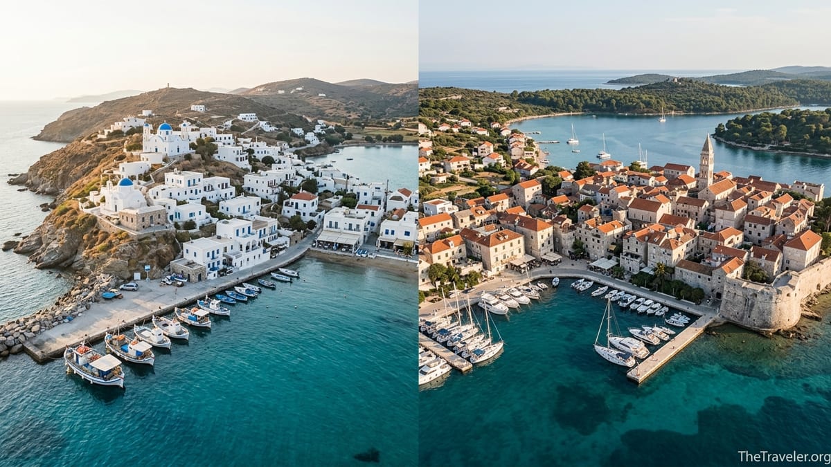 Aerial summer view comparing a whitewashed Greek island village and a terracotta-roofed Croatian island town.