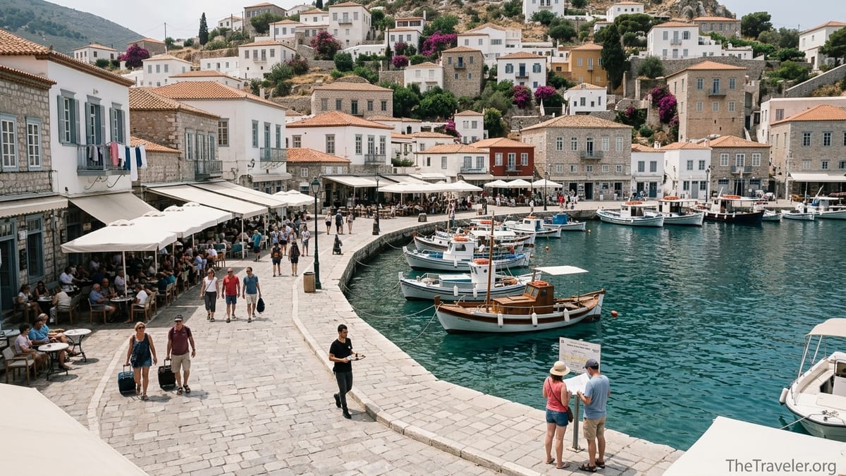 Harbourfront promenade in Hydra, Greece, with pedestrians and boats but no cars.