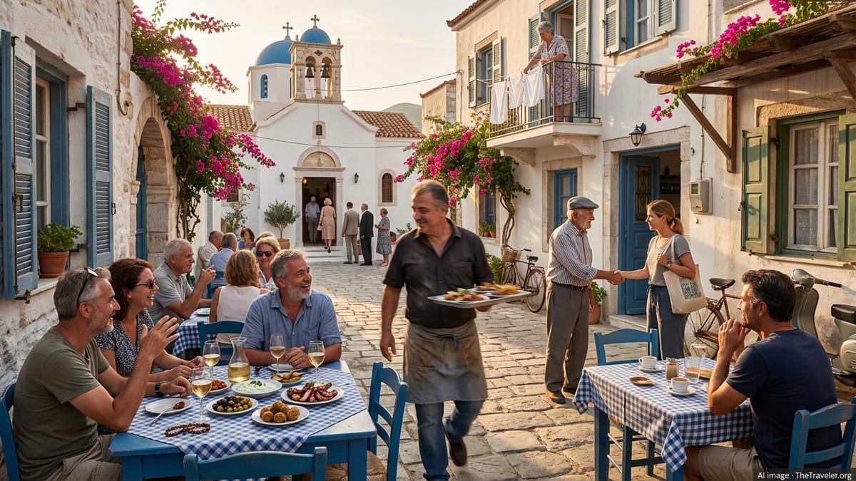 Greek island village street with locals and tourists dining outside a taverna at sunset.