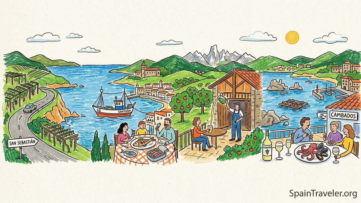 Outdoor table in northern Spain with pintxos, seafood, cheese, txakoli and cider overlooking a small harbor at sunset.