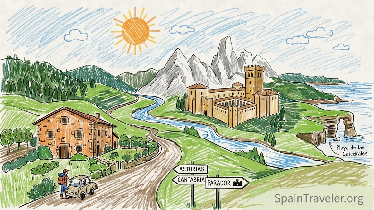 Stone Parador-style rural hotel in a green northern Spain valley at golden hour.