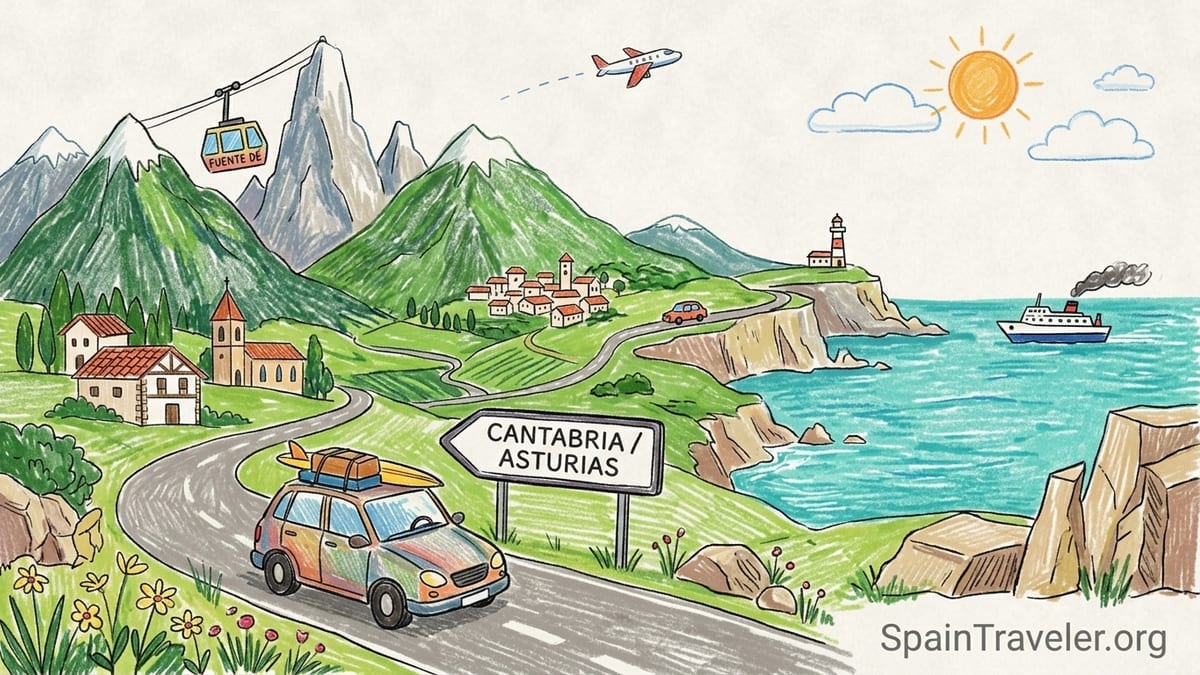 Curving coastal road above the Bay of Biscay with a car driving through Green Spain’s lush hillsides.