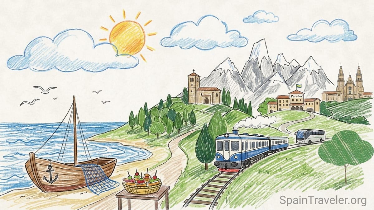 Curving Green Spain coastline with a seaside town, train and distant Picos de Europa mountains at sunset.