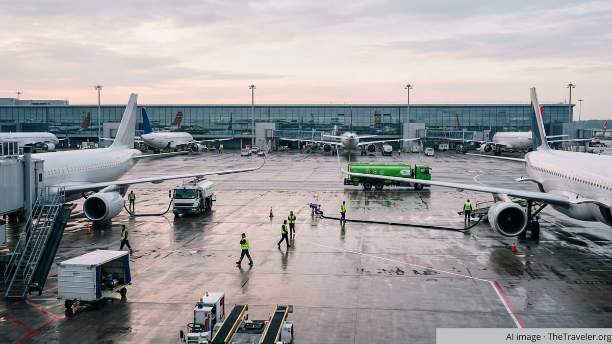 Fuel trucks service passenger jets at a rainy international airport apron.