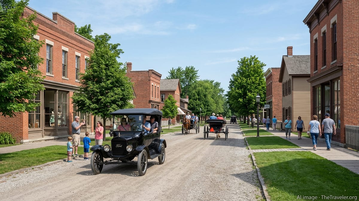 Visitors ride in a Model T past historic buildings at Greenfield Village in Dearborn.