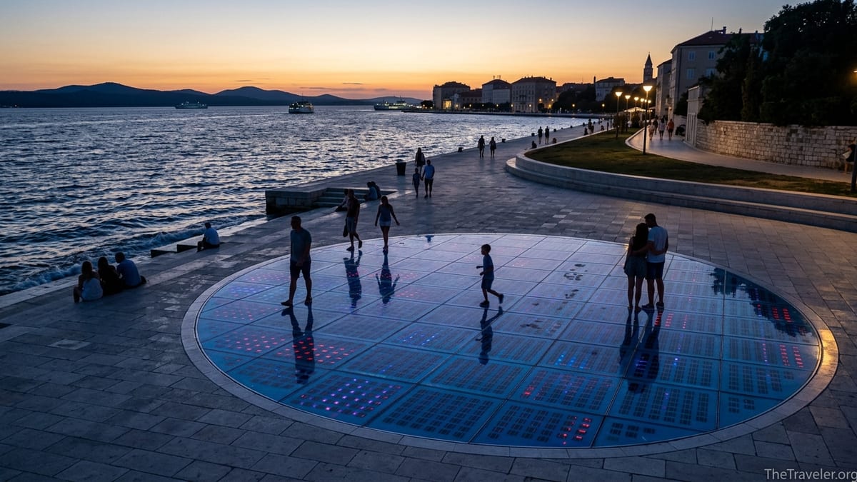 Evening view of Zadar’s Greeting to the Sun and Sea Organ with people watching the glowing solar disc by the sea.