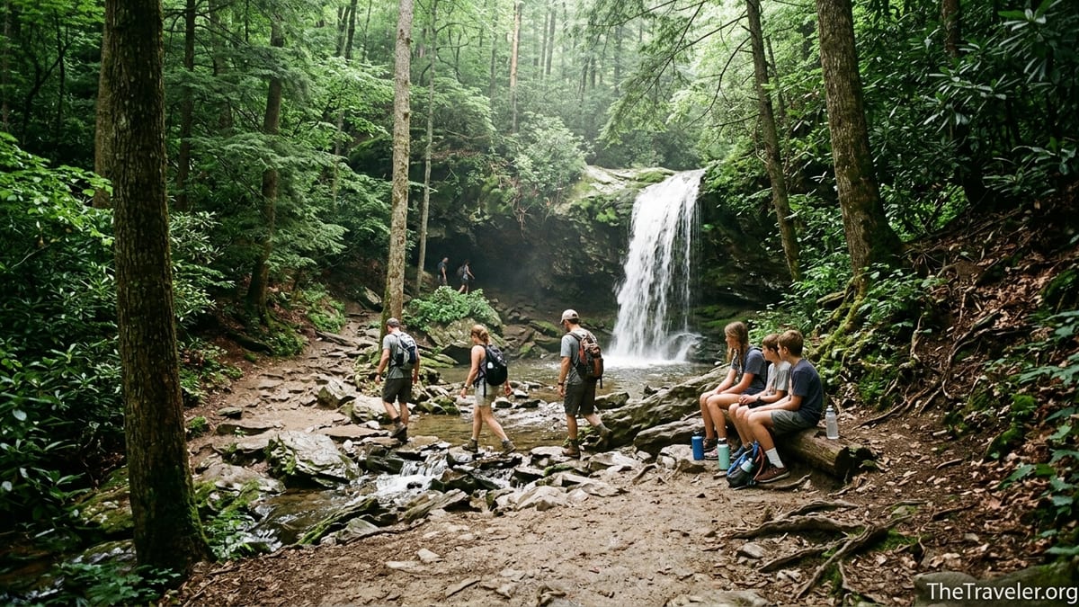Hikers walking toward Grotto Falls on a forested trail in Great Smoky Mountains National Park.