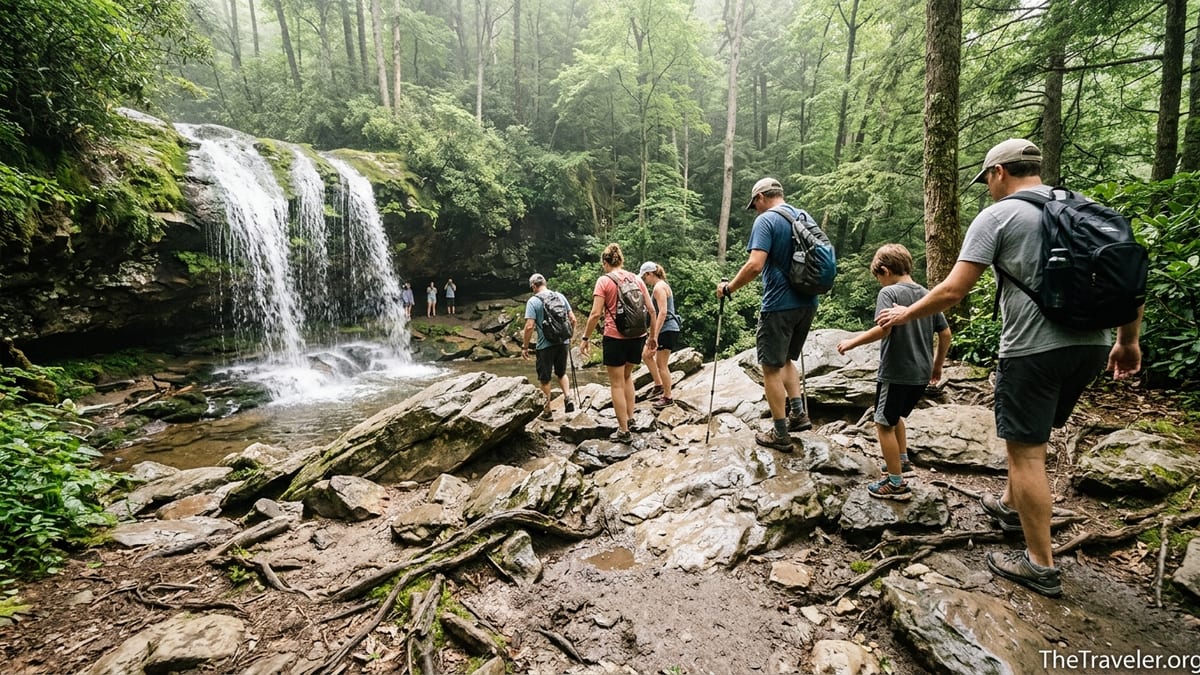 Hikers carefully crossing wet rocks near Grotto Falls in Great Smoky Mountains National Park.